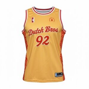 Limited Edition Dutch Bros Gold and Red Sleeveless Basketball Jersey
